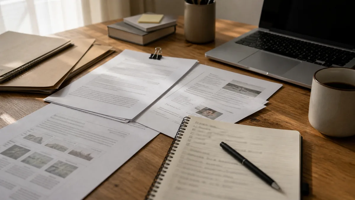 Editorial review desk with printed pages and notes