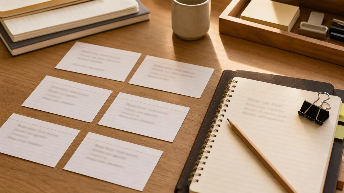 FAQ reference cards and notebook on a desk