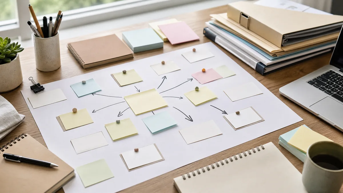 Route planning notes arranged on a desk